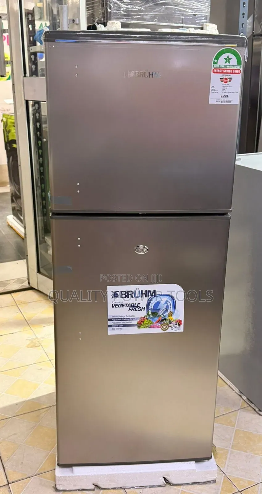 Bruhm 120-Liter Double-Door Refrigerator in Silver.