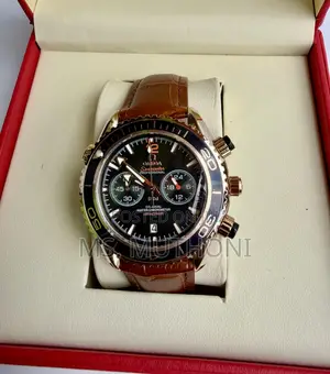 Omega Seamaster Chronograph Watch With Rotating Bezel, Leather Strap