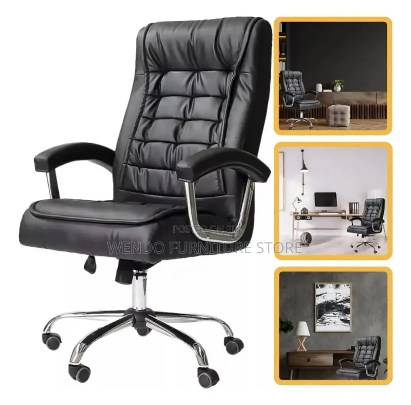 Office Chair :High Executive Office Leather Chair-Chrome Steel Accents