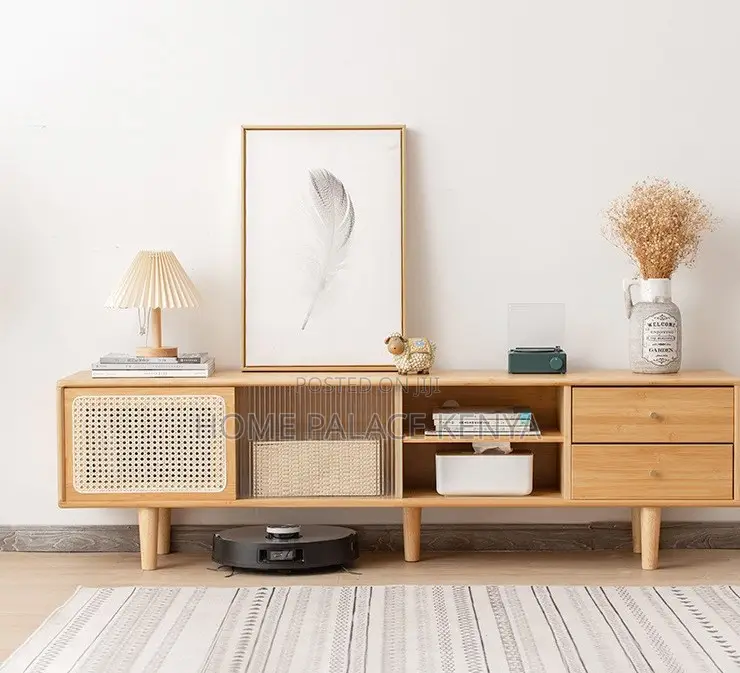 Tv Console: Tv Storage Cabinet With Rattan Bamboo Finish