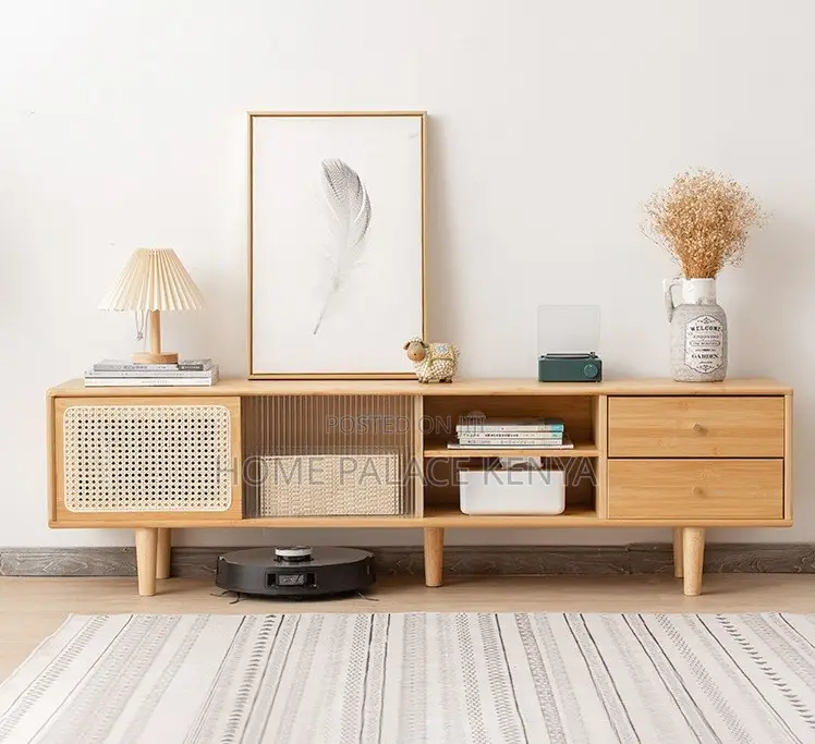 Tv Console: Tv Storage Cabinet With Rattan Bamboo Finish