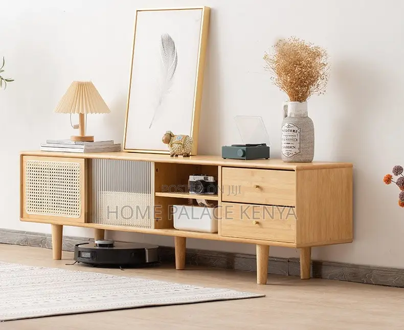 Tv Console: Tv Storage Cabinet With Rattan Bamboo Finish
