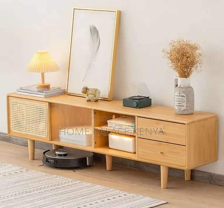 Tv Console: Tv Storage Cabinet With Rattan Bamboo Finish