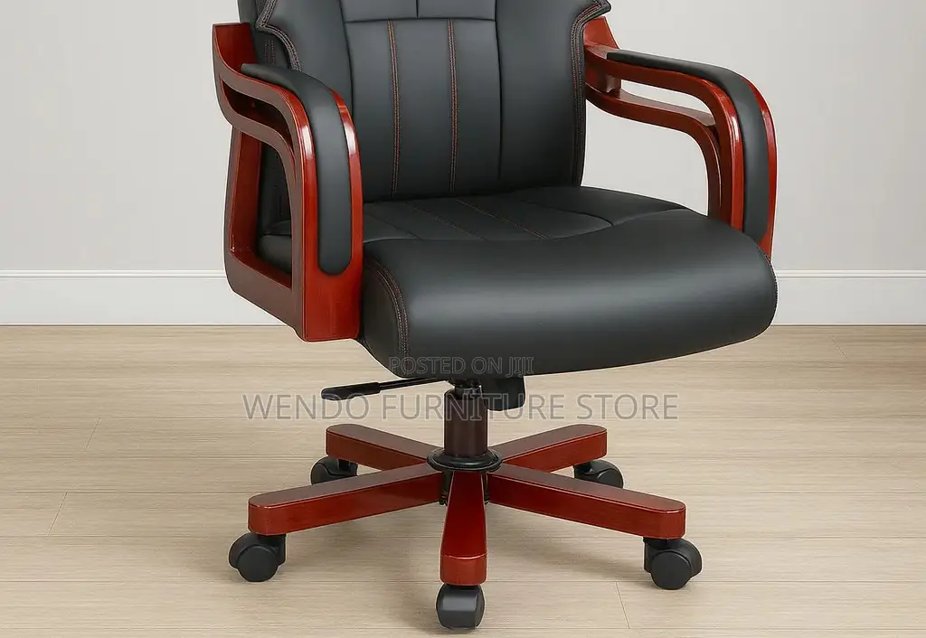 Office Chairs; Leather High Back Seat With Wooden Armrest