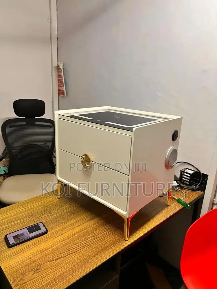Cabinet: Modern White and Gold Smart Nightstand With Wireless Charging