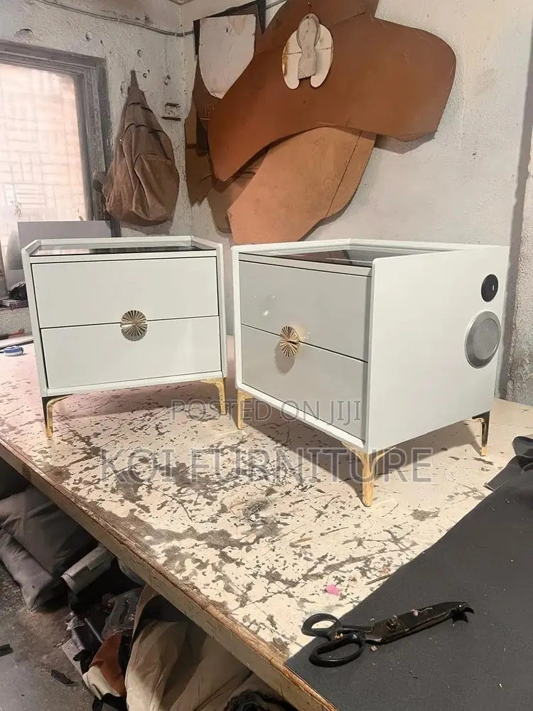 Cabinet: Modern White and Gold Smart Nightstand With Wireless Charging