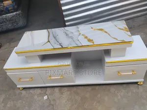Marble Finish Tv Stand With Storage Cabinet - White and Black
