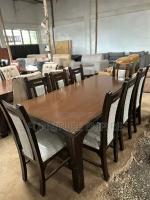 Dark Brown Wooden Dining Set – 8 Cushioned Chairs Included