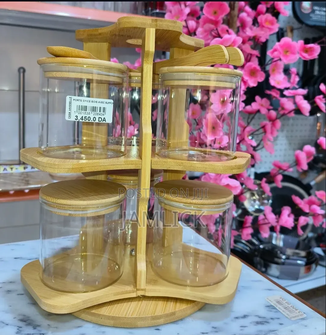 Rotating 6pcs Glass Spice Jar Set With Wooden 2 Tier Rack - Hk