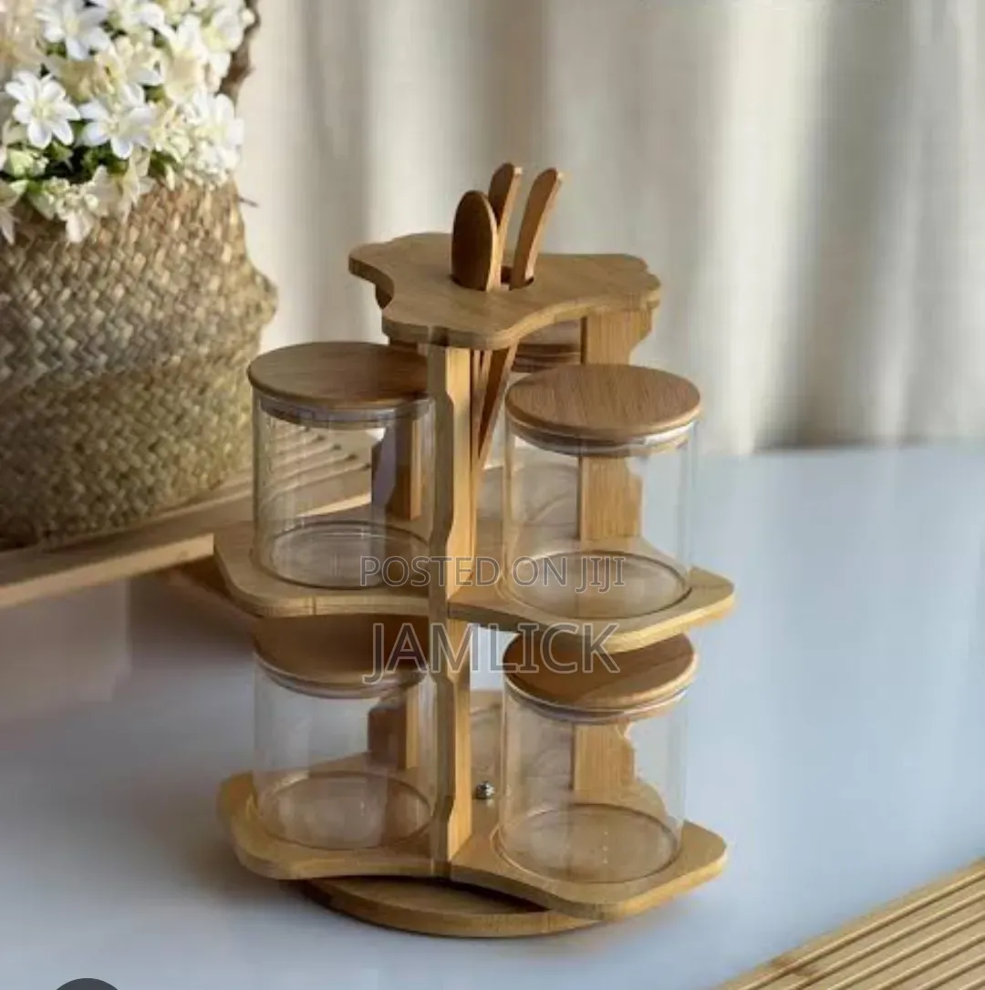 Rotating 6pcs Glass Spice Jar Set With Wooden 2 Tier Rack - Hk
