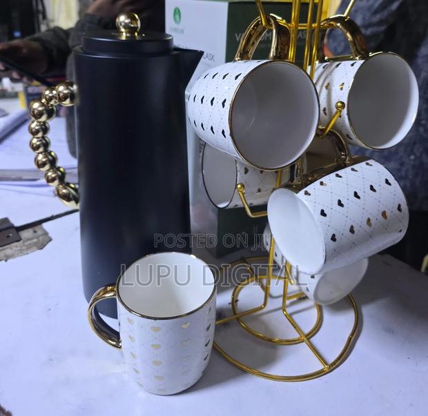 Tea Set 1 LTR Flask White Marble or Wooden 6 PCS Mugs - main view