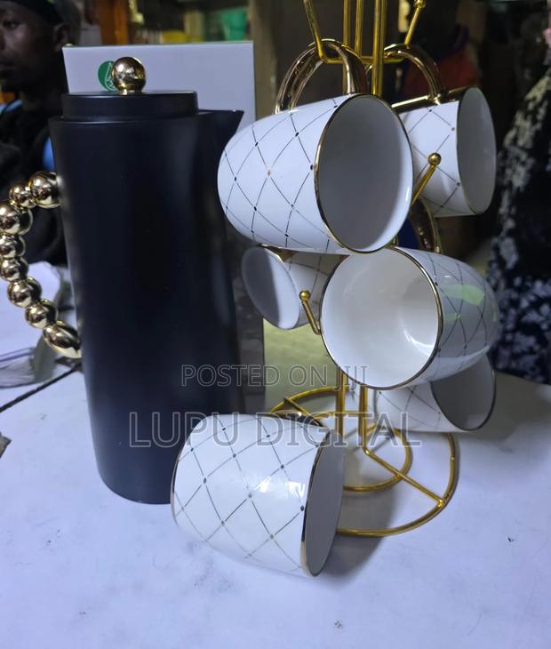 Tea Set 1 LTR Flask White Marble or Wooden 6 PCS Mugs - thumbnail 3