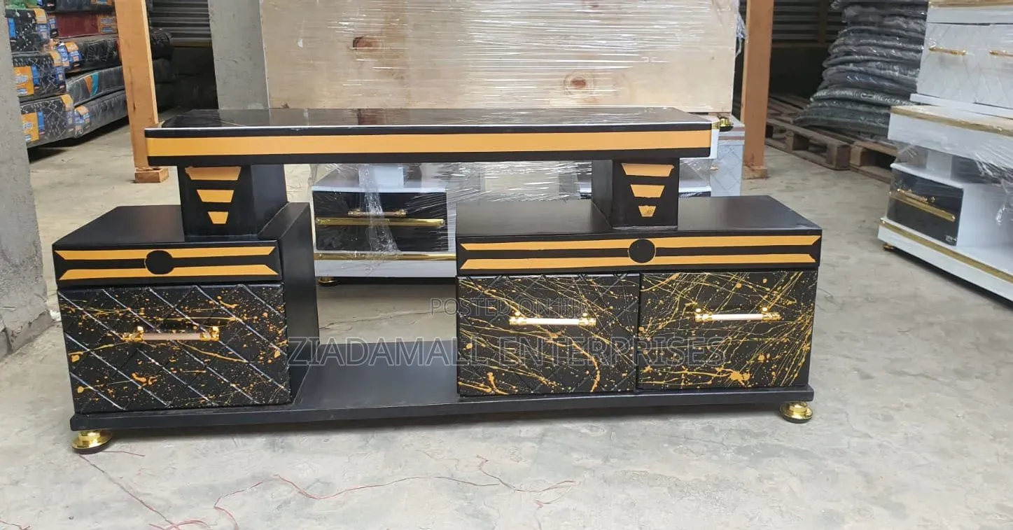 Tv Stand ,Executive Tv Cabinet in Black Marble Finish Soft Glow Lights