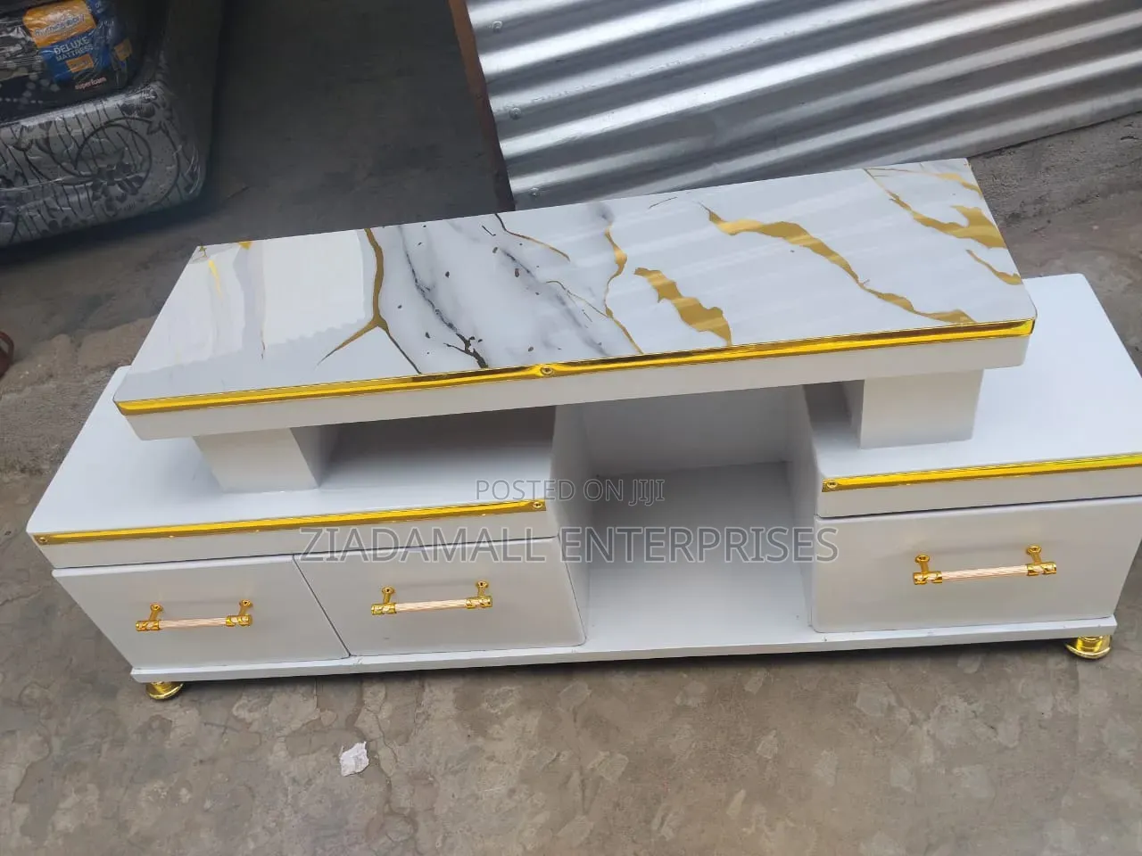 Tv Stand , Executive Marble Finish Tv Stand White