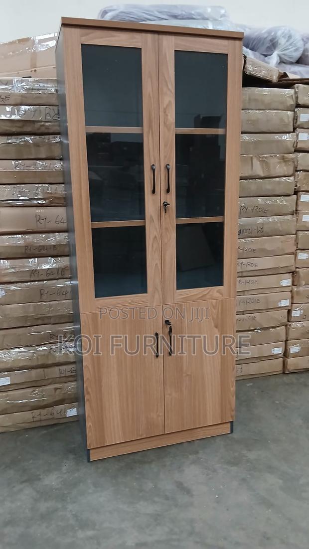 Office Cabinet : Brown Oak Office Filing Cabinet With 2 Glass Doors - thumbnail 4