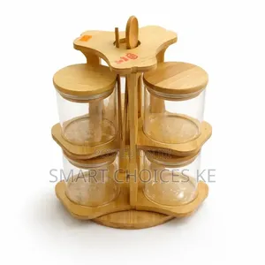 Rotating Jar Set 6pcs Glass Storage With Bamboo Spoons, Wooden Circle