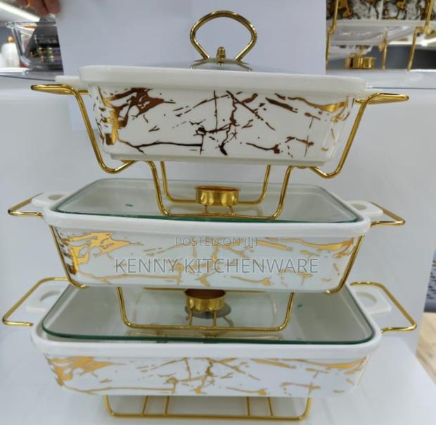 3 Pieces White Gold Ceramic Chaffing Dish