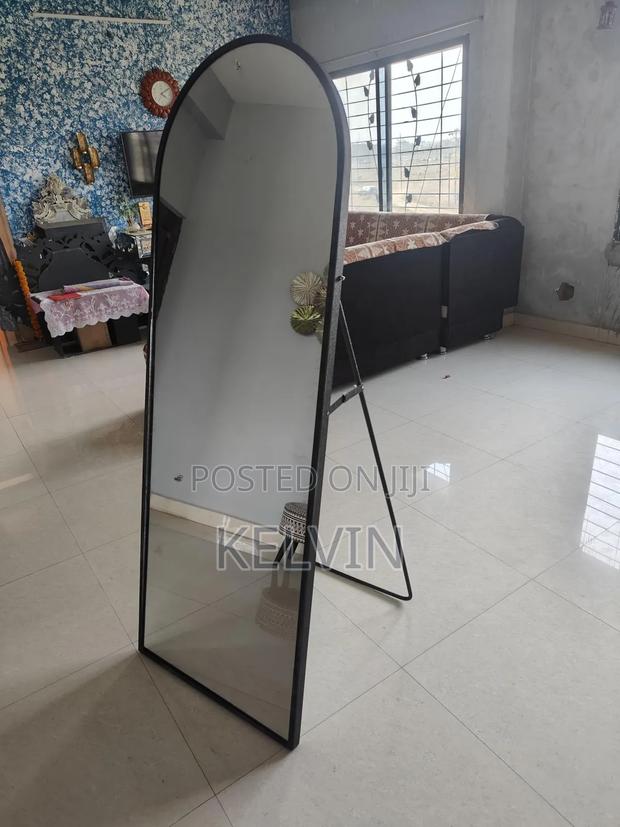 A Quality Glass Arched Full-Length Standing Mirror a Black Metal Frame