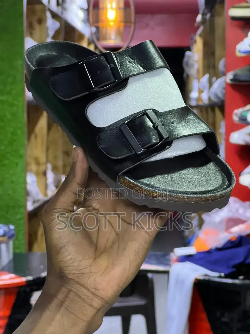 Buckle Leather Cork Sandals “Black”
