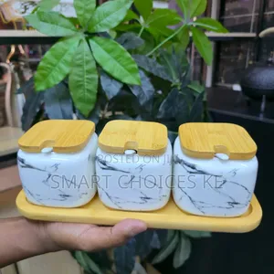 3pcs Ceramic Condiment Set With Lids Spoons Tray