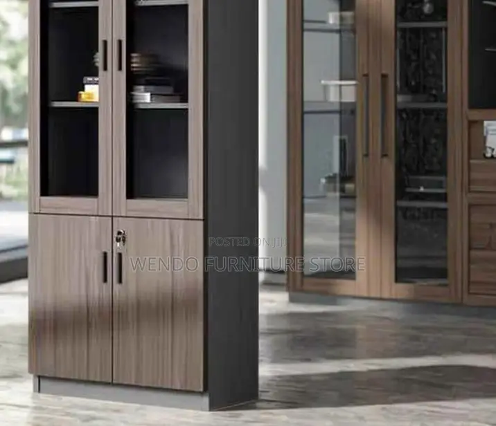 Office Cabinet; Wooden Brown Filing Cabinet With Two Glass Doors