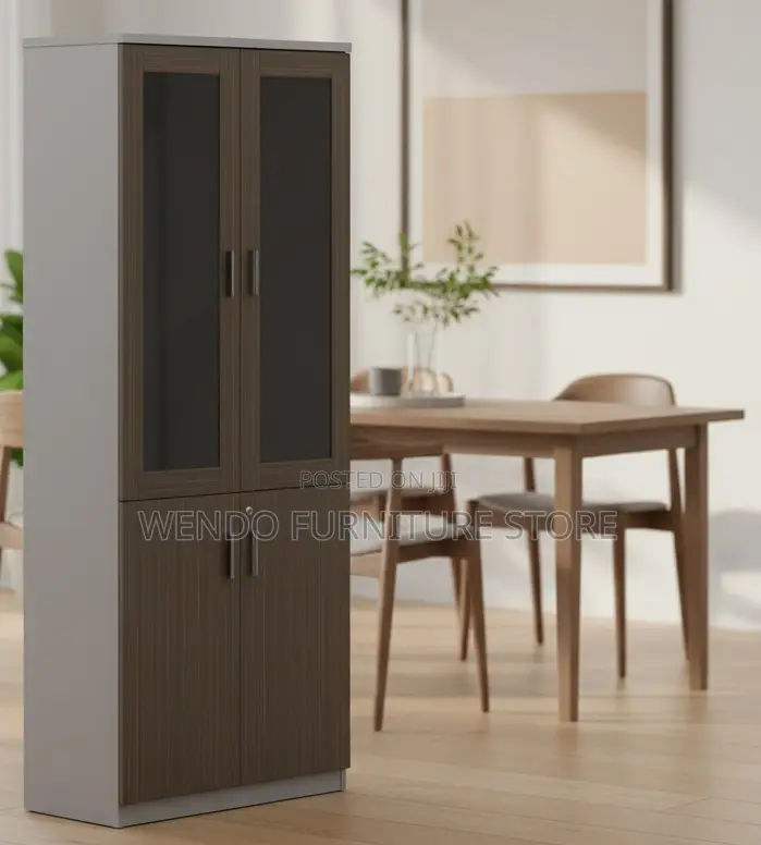 Office Cabinet; Wooden Brown Filing Cabinet With Two Glass Doors