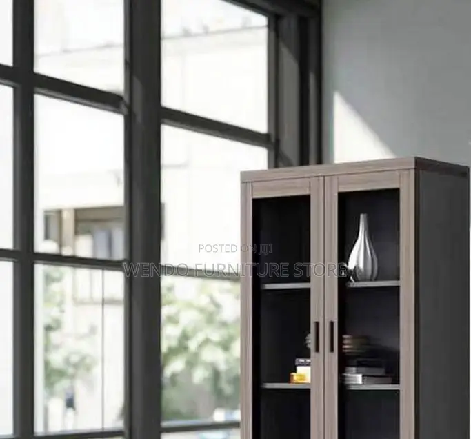 Office Cabinet; Wooden Brown Filing Cabinet With Two Glass Doors