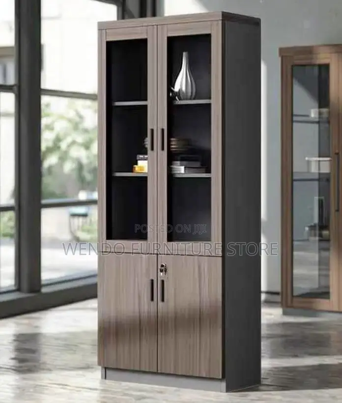 Office Cabinet; Wooden Brown Filing Cabinet With Two Glass Doors