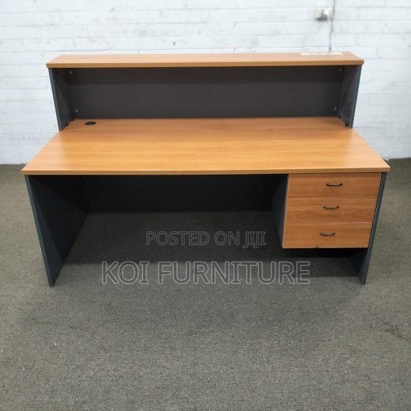 Office Desk : 2.4m Cherry Reception Desk With a Dark Grey Panel