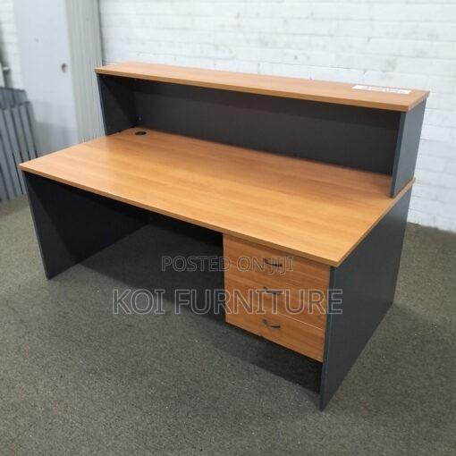 Office Desk : 2.4m Cherry Reception Desk With a Dark Grey Panel - thumbnail 4