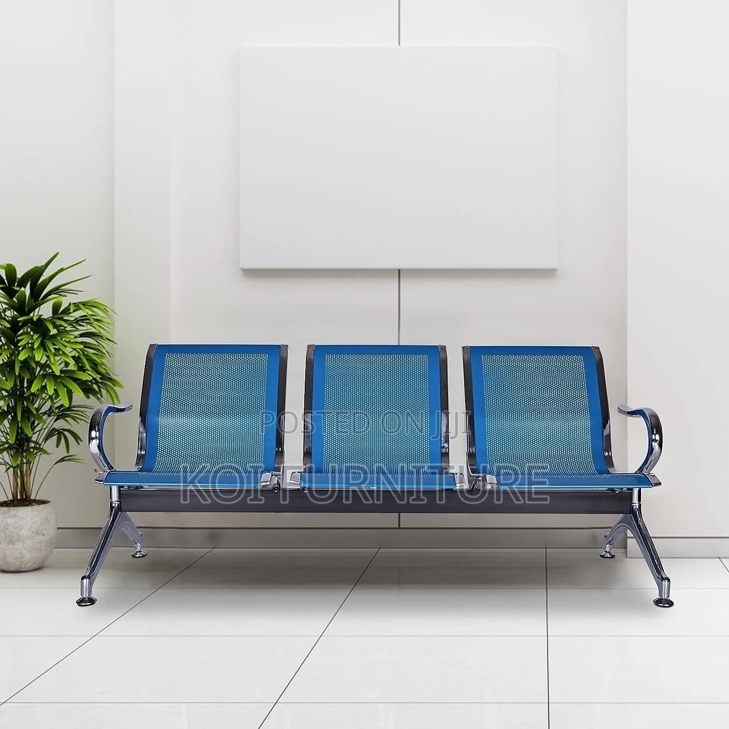 Office Bench : Blue 3-Seater Metal Waiting Bench