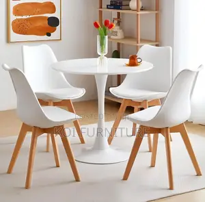 Dining : Modern White Tulip Round Dining Table Set-Four Padded Chairs