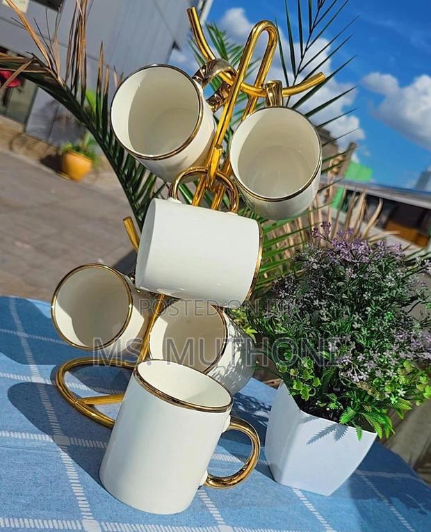 6 PCS Gold Rim White Ceramic Mugs*
