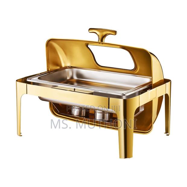 Heavy 9l Gold Double Rectangular Roll Top Chaffing Dish Glass Window - thumbnail 2