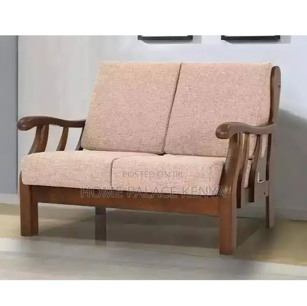 Home Sofa: 2 Seater Natural Teak Wood Fabric Sofa