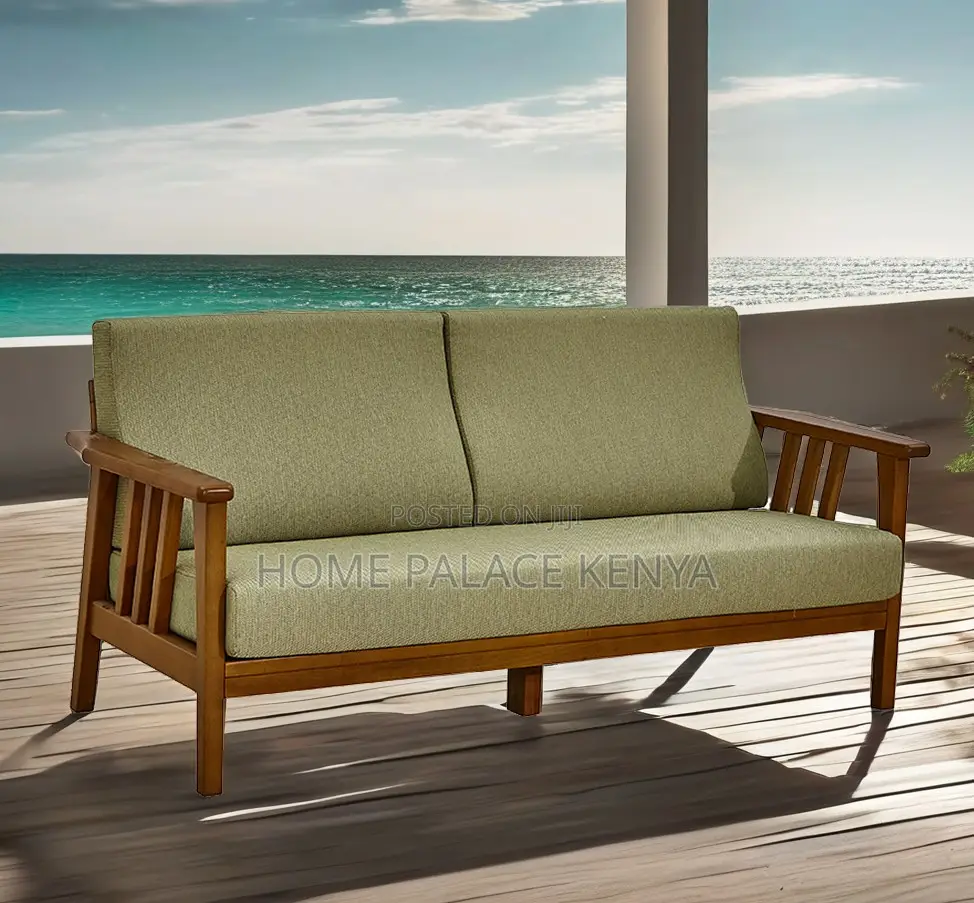 Home Sofa: 2 Seater Natural Teak Wood Fabric Sofa