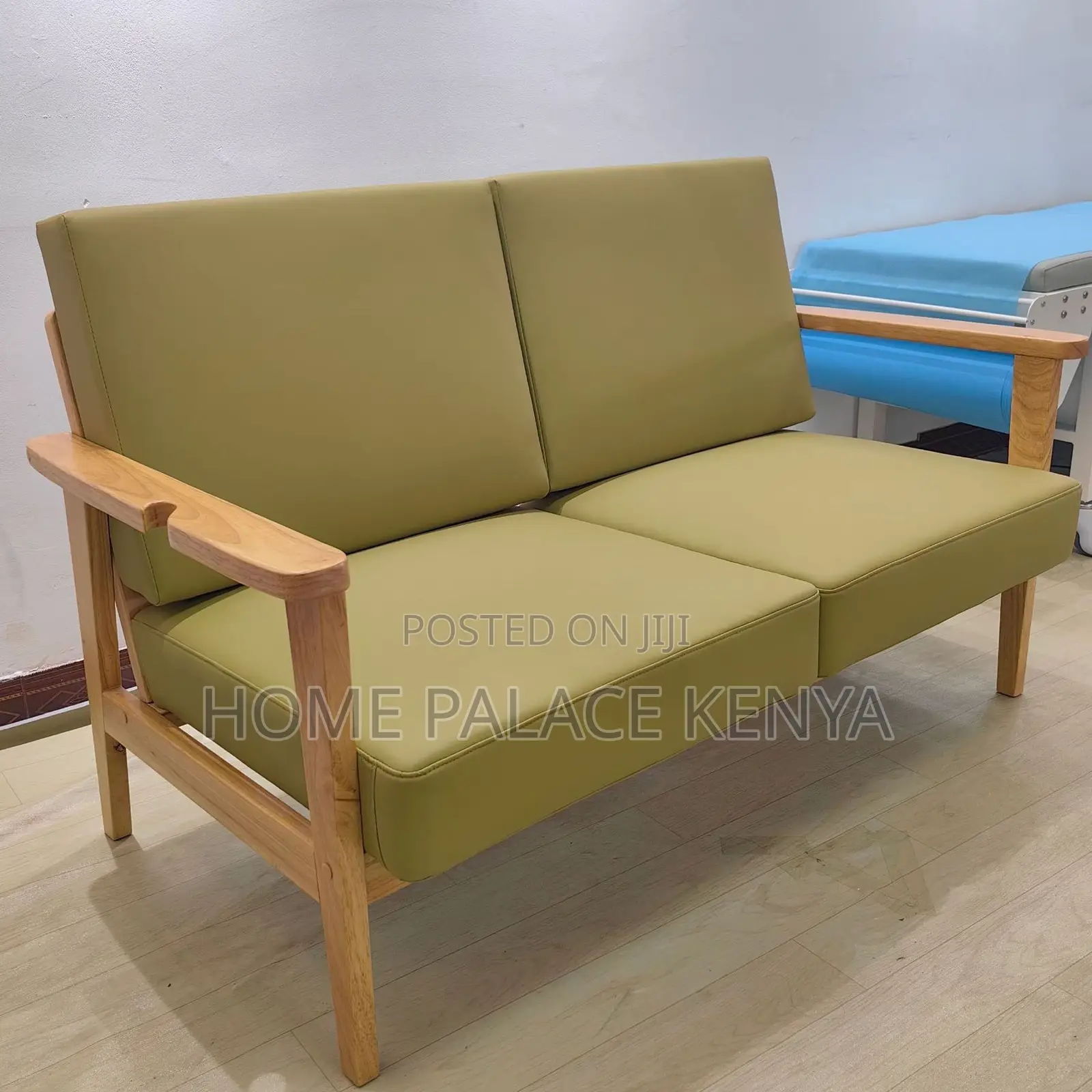 Home Sofa: 2 Seater Natural Teak Wood Fabric Sofa