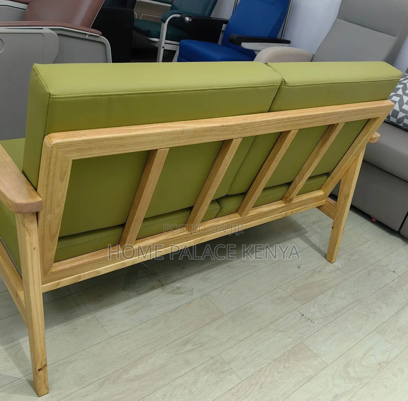 Home Sofa: 2 Seater Natural Teak Wood Fabric Sofa