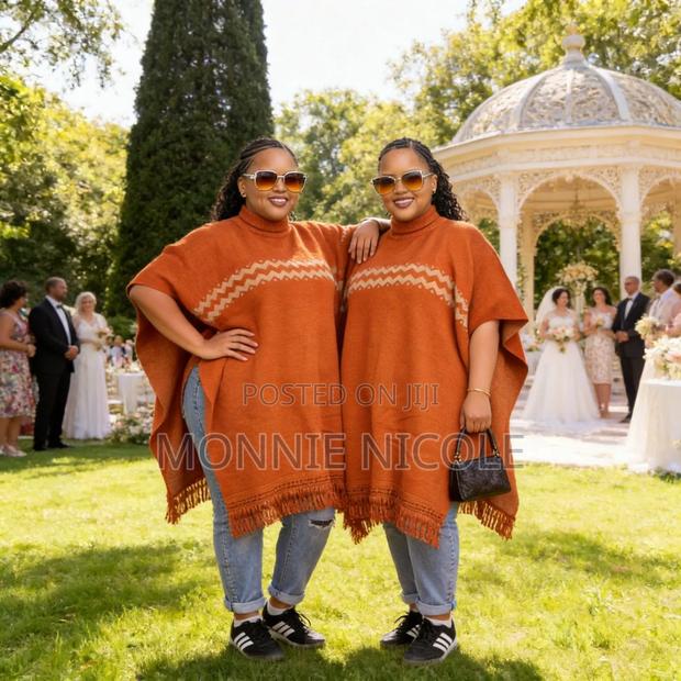 Free Size Burnt Orange Fabric Fringe Poncho - thumbnail 2