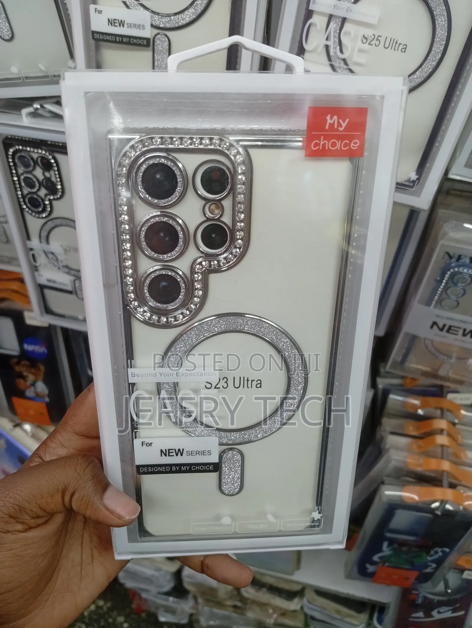 Silver Diamond Magnetic Phone Case for a Samsung Galaxy S23 Ultra.