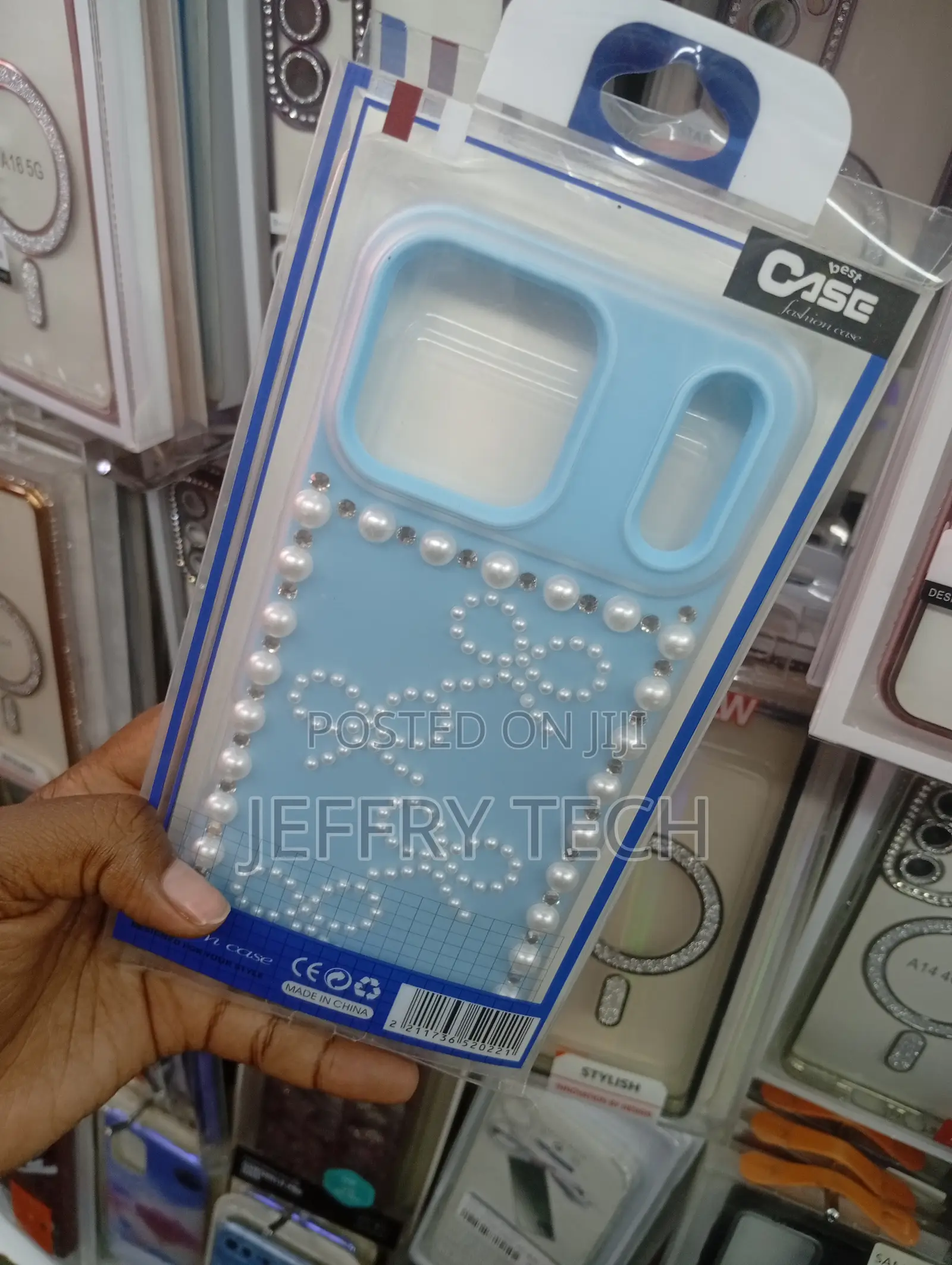 Blue Smartphone Case Shaped Pearl and Rhinestone Embellishments.
