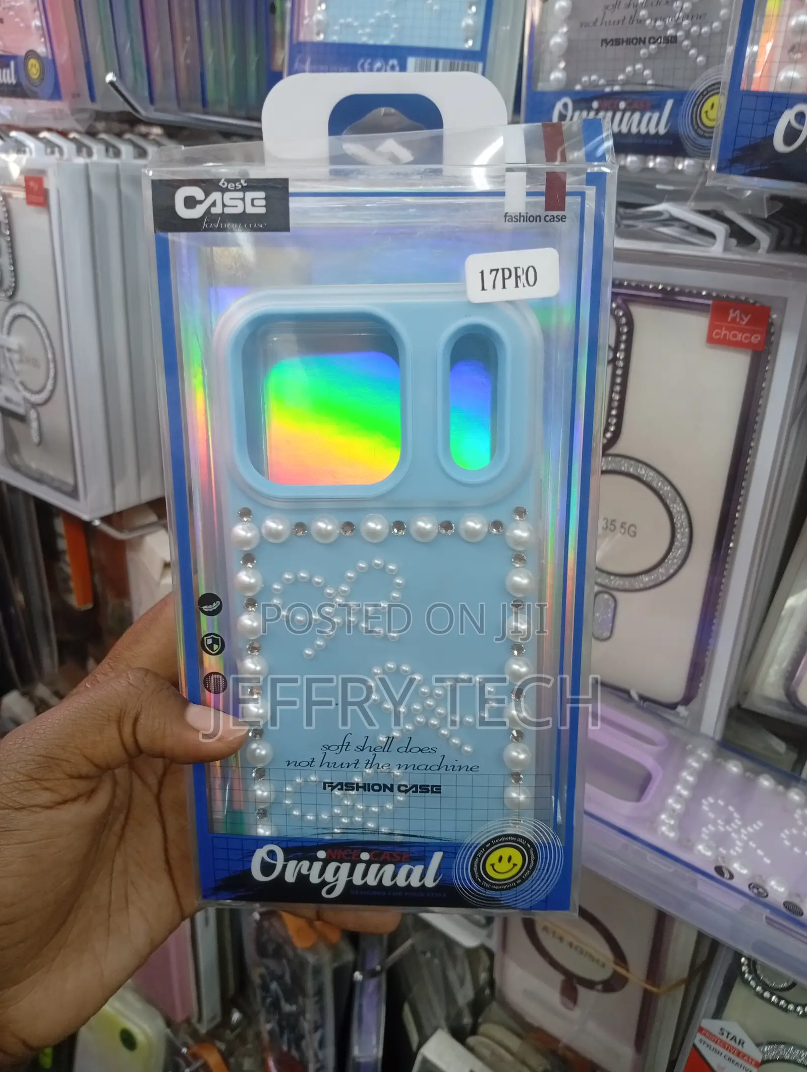 Blue 3d Pearl Bow Rhinestone Case Designed for the iPhone 17 Pro.