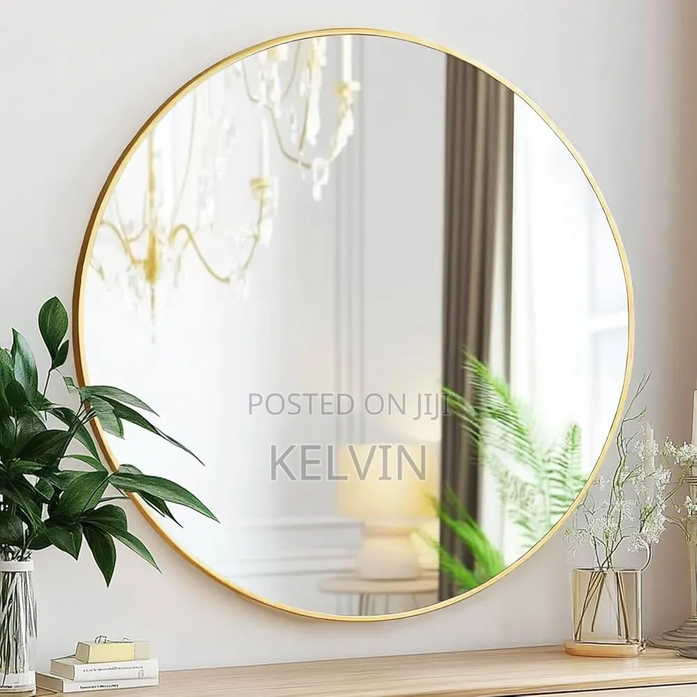 Modern Large Round Gold Metal Frame Wall Mirror.