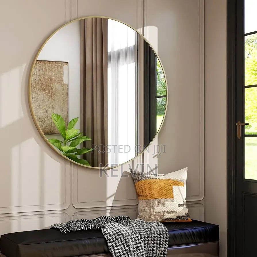 Modern Large Round Gold Metal Frame Wall Mirror.