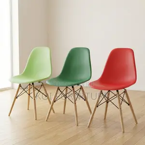 Dining Chair :Green Eames-Style Plastic Side Chairs With Wooden Bases,