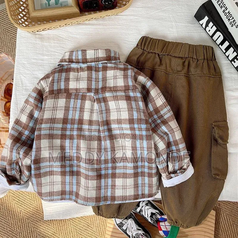 Brown Checked Shirt+Trouser Set