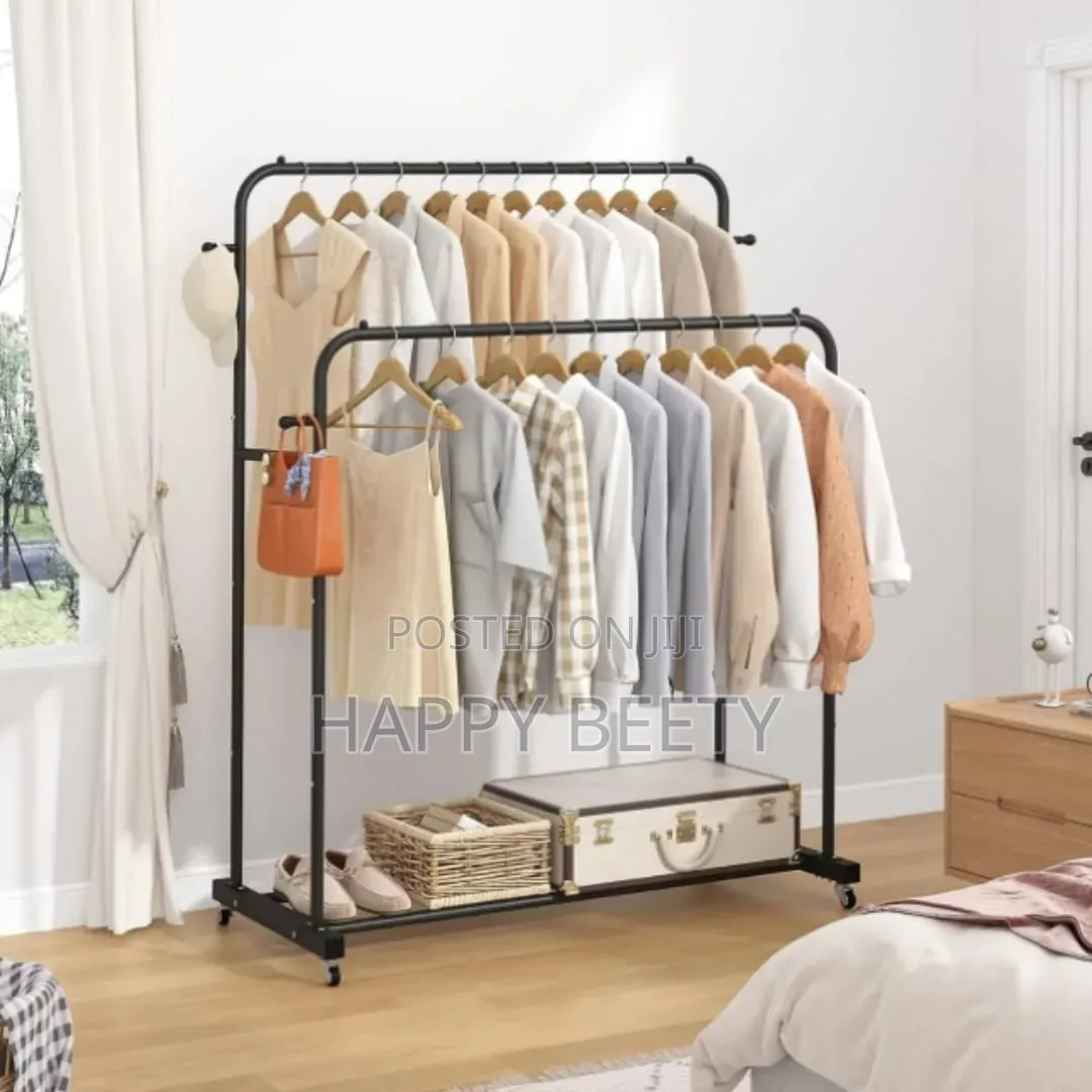 Double Pole Wheeled Cloth Rack With a Bottom Shoe Rack
