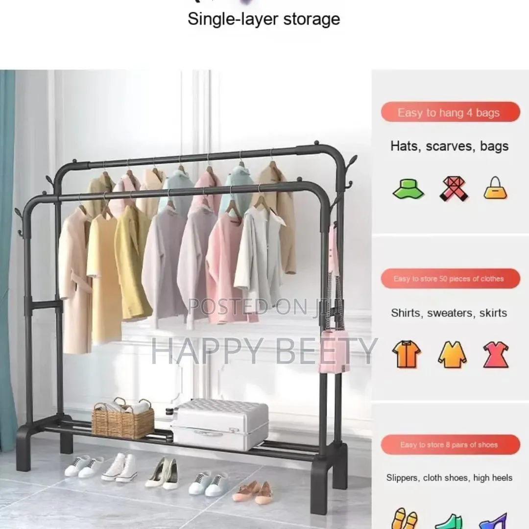 Double Pole Wheeled Cloth Rack With a Bottom Shoe Rack