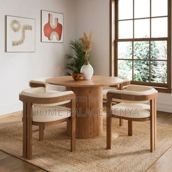 Dining Set: 4seater Wooden Dining Table With Upholstered Fabric Chairs