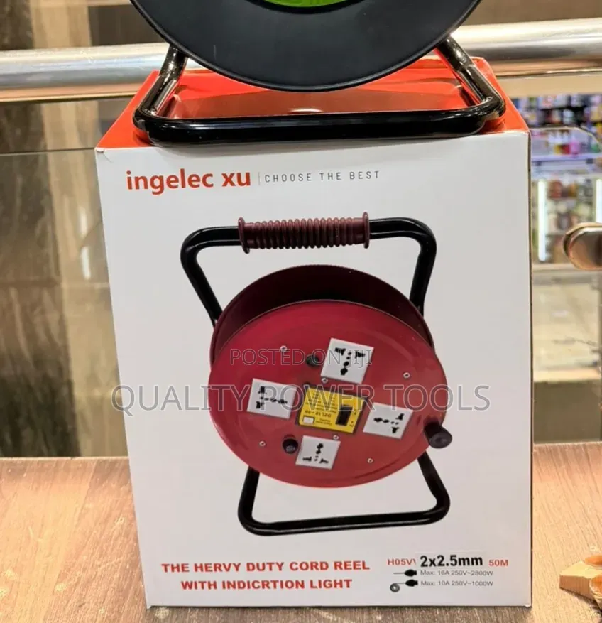 Red Ingelec Xu Heavy Duty Cord Reel With A 50-meter Cable.